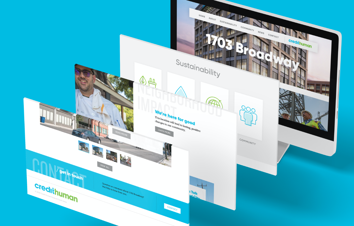 grid of website design for the 1703 broadway sustainable building built by credit human in san antonio texas