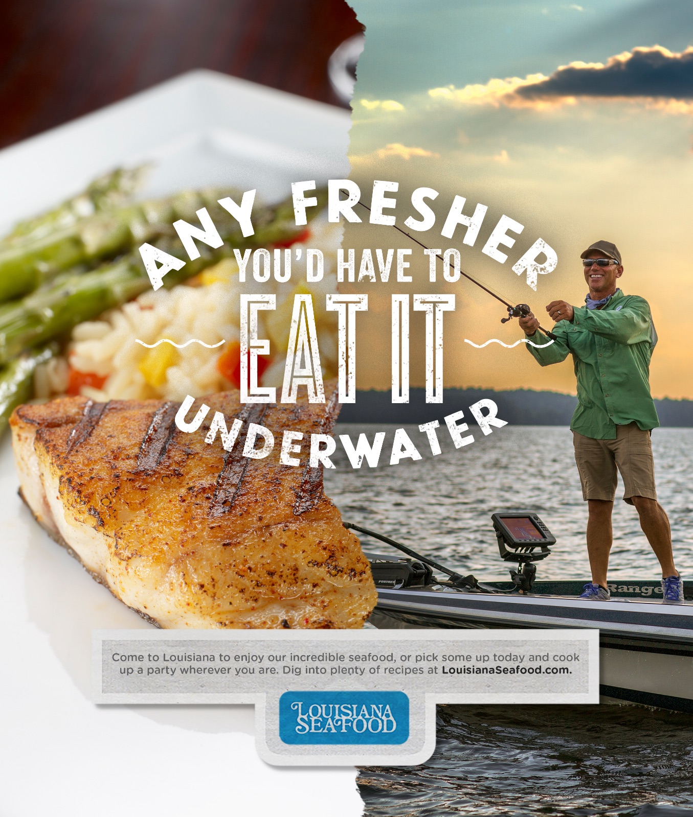 ad for louisiana seafood featuring half of ad with man fishing and other half of ad with fish on dinner plate