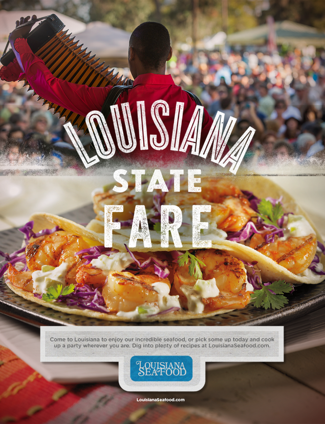 ad for louisiana seafood featuring half of ad with man playing accordion and other half of ad featuring tacos on plate