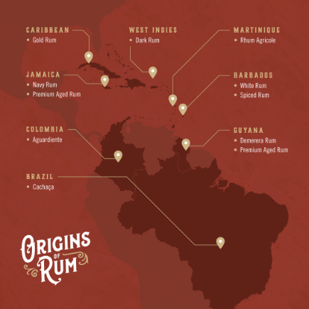 graphic image of central and south america to illustrate the origins of rum