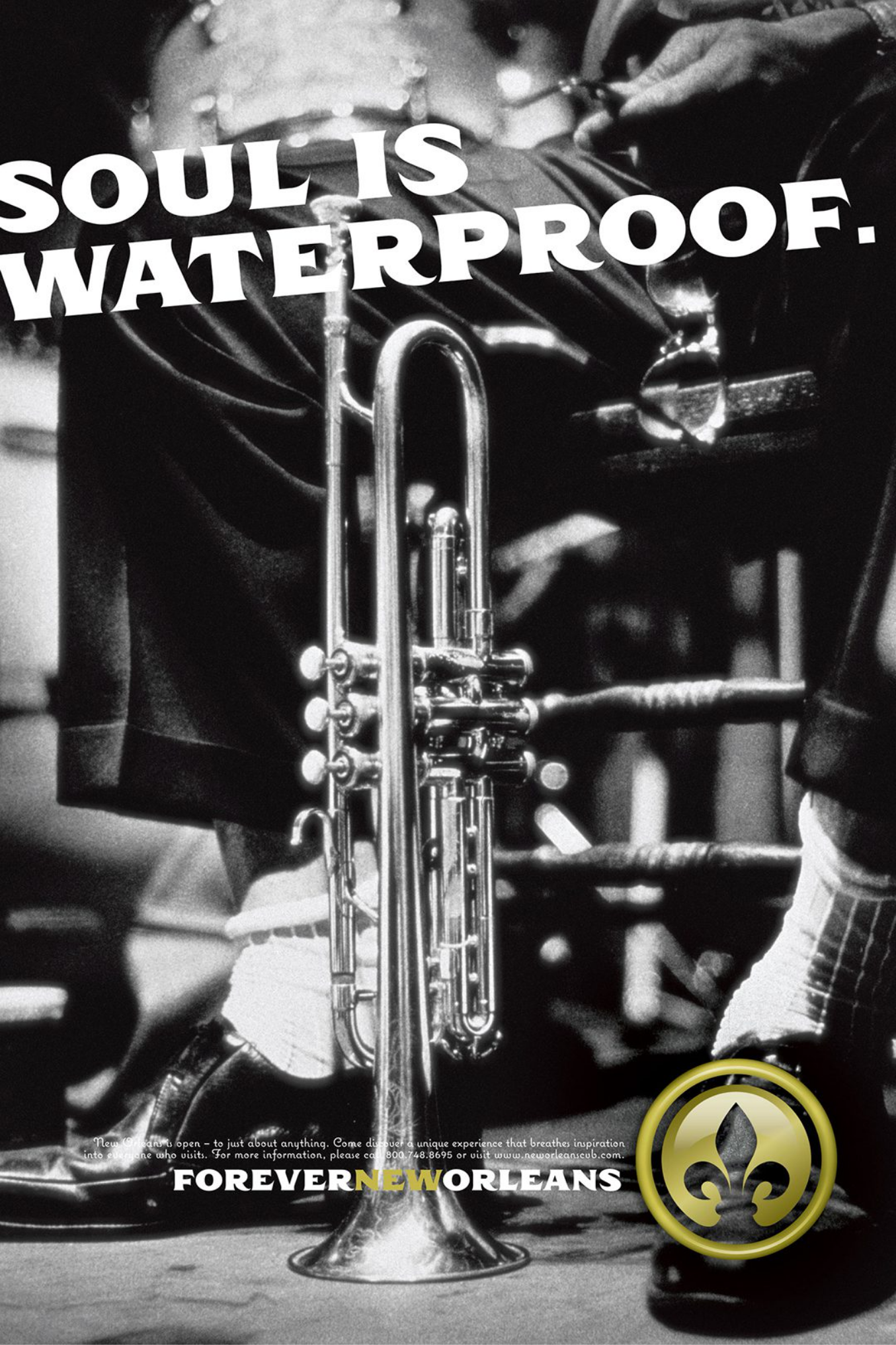 black and white ad featuring a trumpet