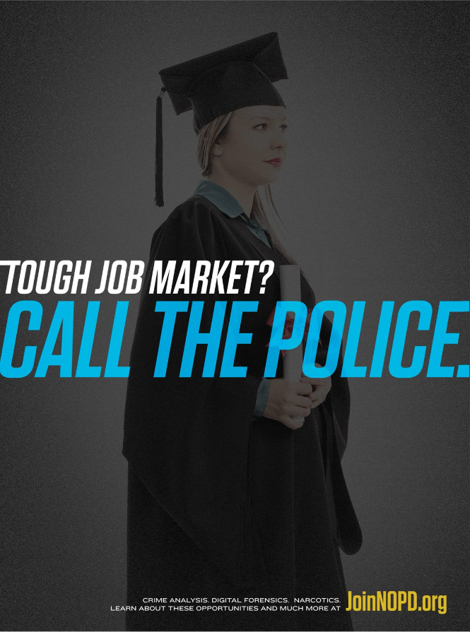 employment ad featuring woman in graduation cap and gown