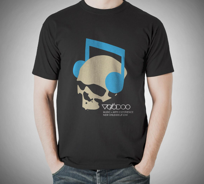 body featuring merch of skeleton with headphones on for voodoo music festival