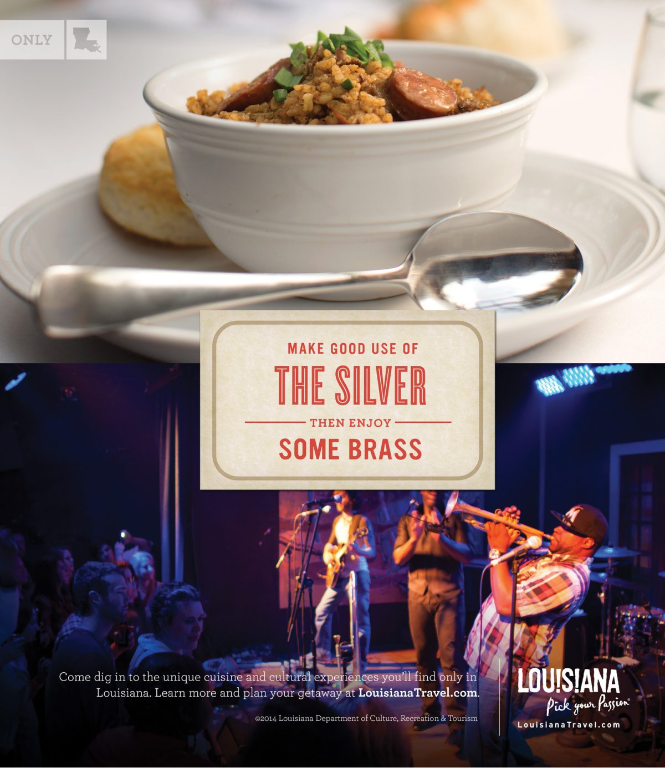 split image ad featuring a band playing instruments on stage in new orleans on the bottom and a a bowl of gumbo in the top image