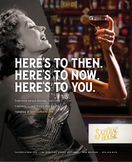 sazerac house ad featuring a half color and half black and white image of a woman holding up a glass of sazerac rye