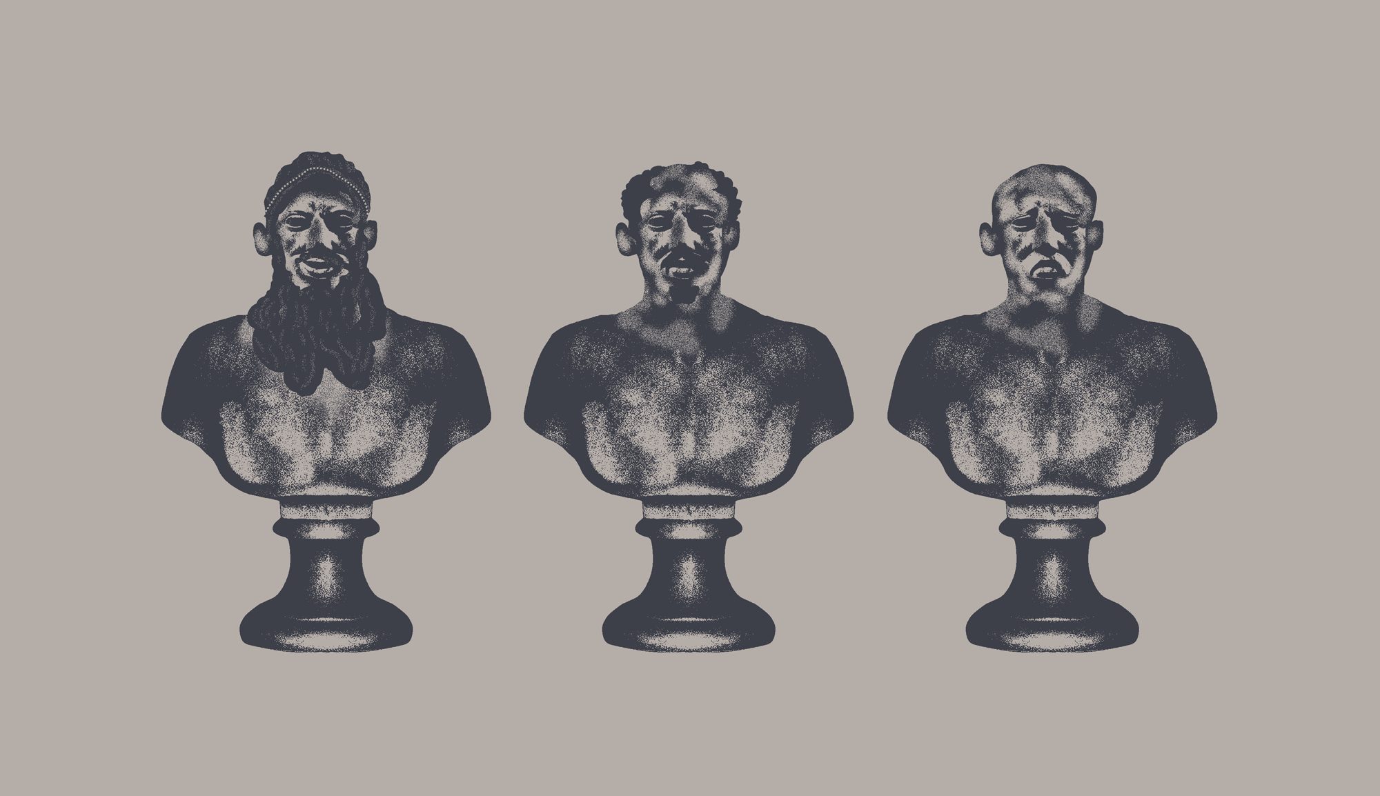 three statues of male heads