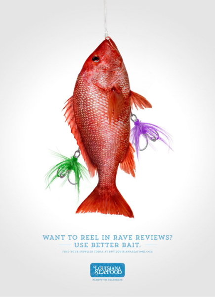 ad featuring red fish caught on fishing line and with fish hooks