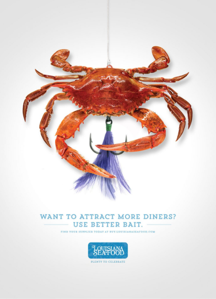 ad featuring crab caught on fishing line and with fish hooks