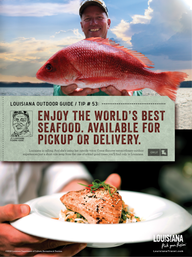 split image ad of an fisher holding up a fish in the top image and a chef holding plate with cooked fish