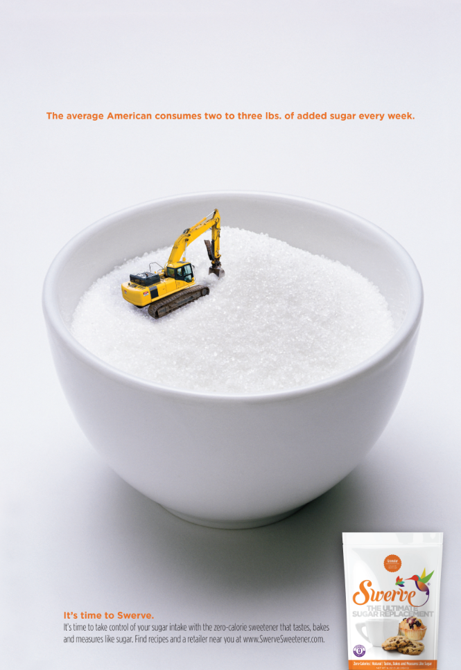 ad for swerve sweetener of cup of sugar with construction equiptment