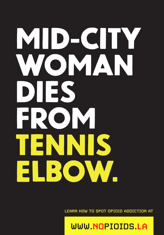 poster with type on black background reading mid-city woman dies from tennis elbow