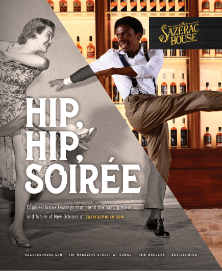 sazerac house ad featuring a half color and half black and white image of two women dancing in front of a wall of sazerac rye