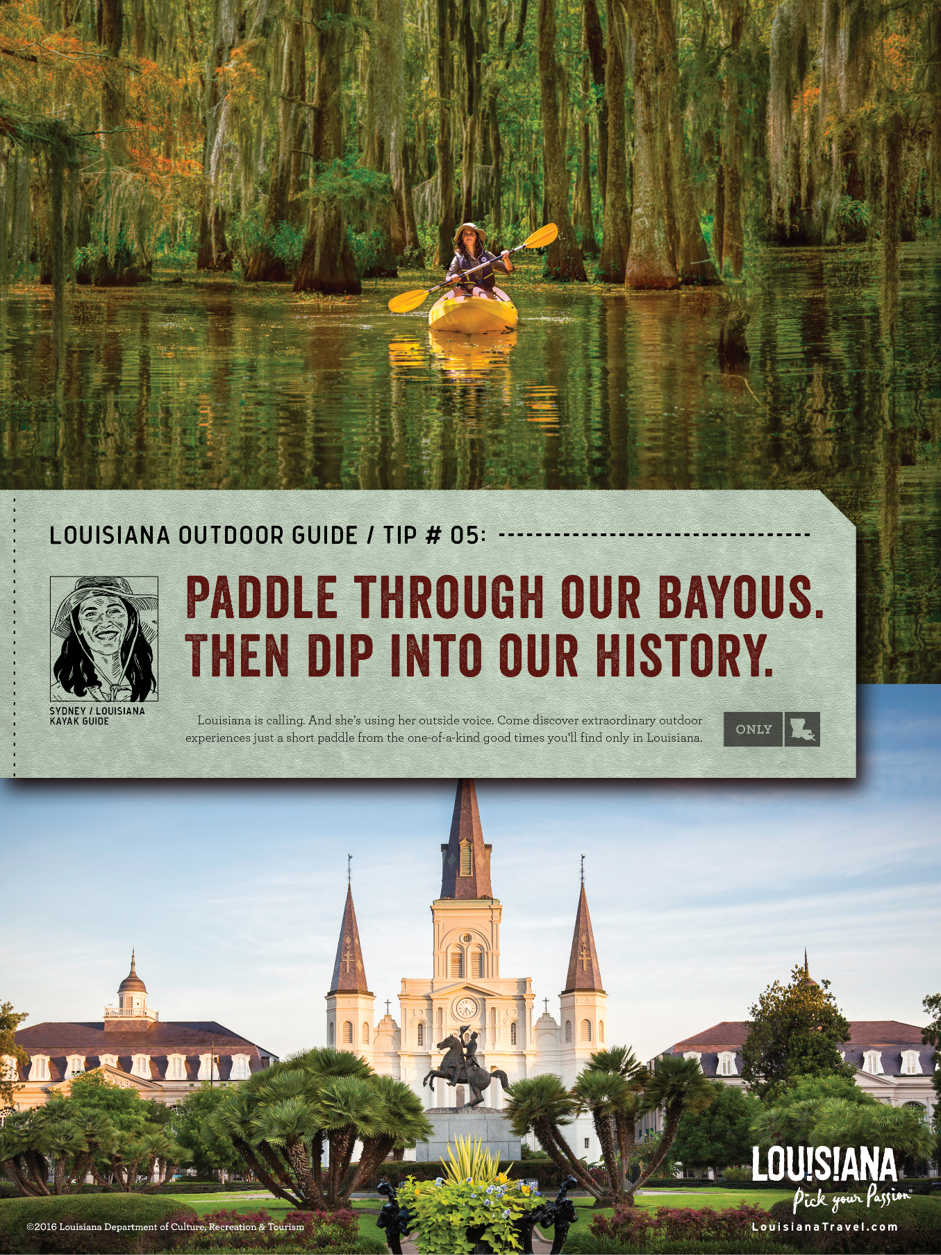 a split image ad of a woman kayaking through city park in new orleans on the top image and a photo of a building in the bottom image