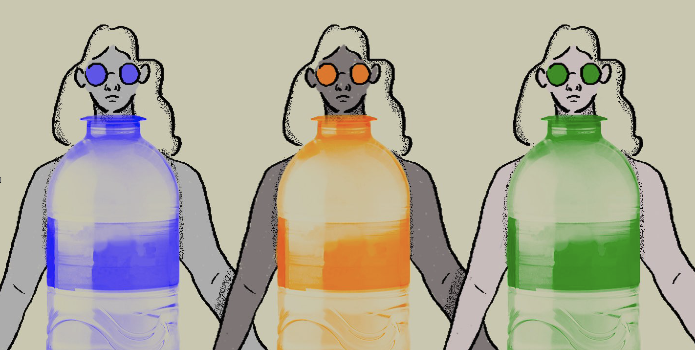 Purple, orange and green girls wearing sunglasses holding hands with water bottle bodies